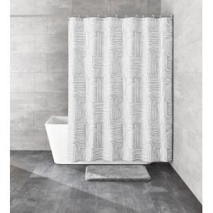 Grauer Kleine Wolke Duschvorhang Linja Seide mit modernem Streifenmuster im Badezimmer.