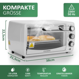 Steinborg Minibackofen SB-3005W, 13 Liter, 1200 Watt, Weiß. Kompakter Ofen mit Timer und Temperaturregler.