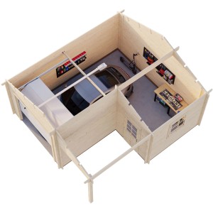 Palmako Holzgarage Roger mit Sektionaltor, naturbelassen, Innenansicht mit Auto und Werkbank.