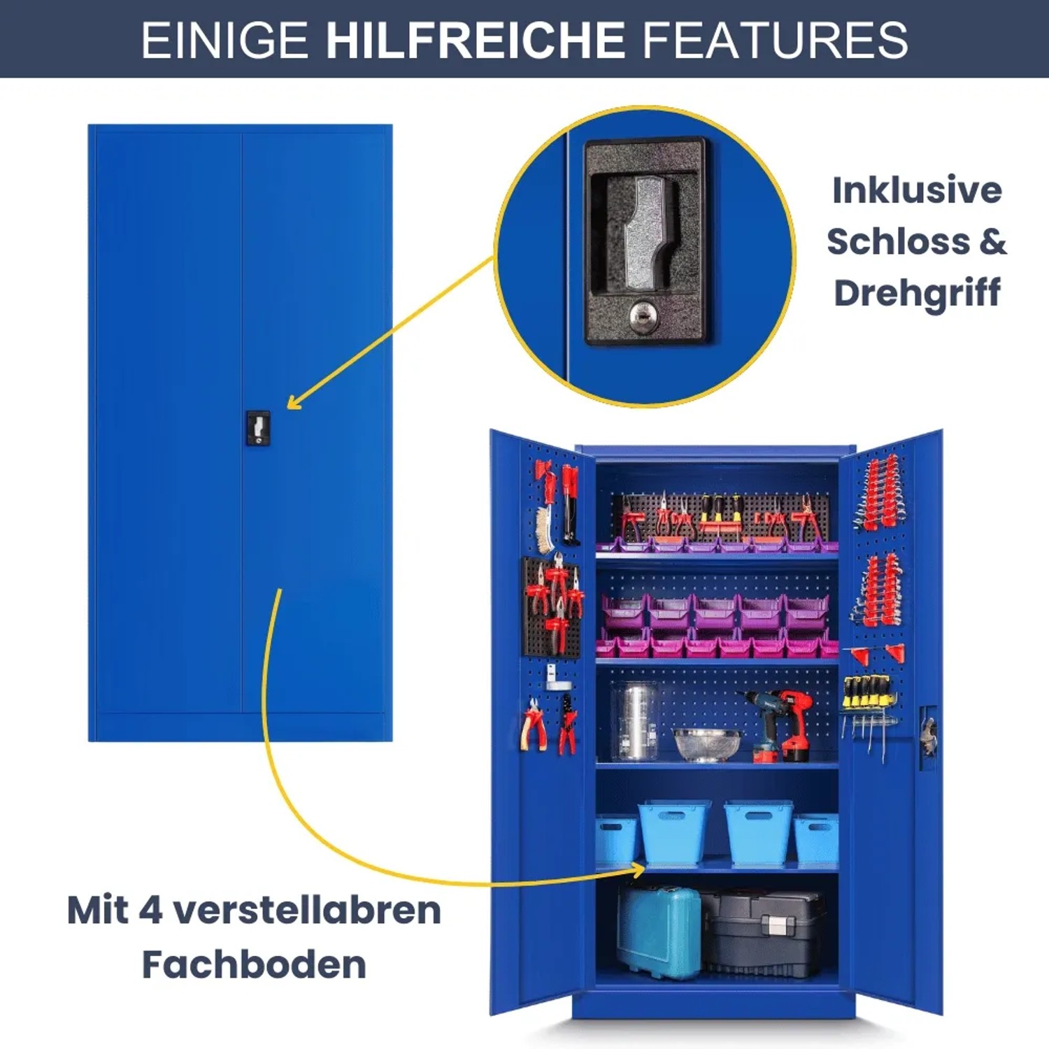 Blauer DELUKE Werkzeugschrank mit Lochwand, geöffnet und geschlossen, mit Werkzeug und 4 Fachböden.