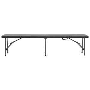 Zwei schwarze, klappbare Gartenbänke (180 cm) aus HDPE und Stahl.