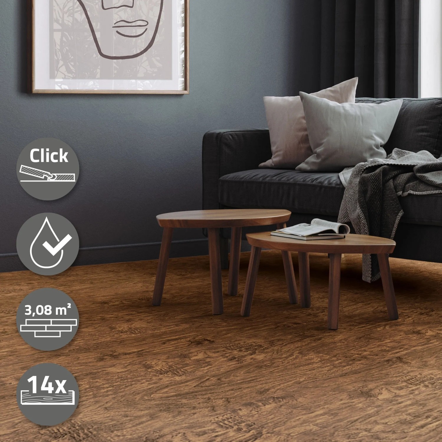 ML-Design Click Vinylboden Akazie Braun (122x18cm) im Wohnraum mit Möbeln.