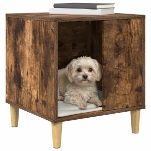 Moderne Hundehütte Geräucherte Eiche aus Holzwerkstoff mit kleinem Hund, Beistelltisch-Design.