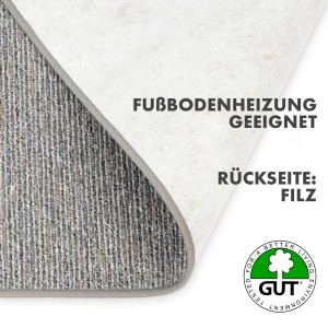 Detailansicht des silbergrauen KARAT Teppichs Geneva: Florstruktur und Filz-Rückseite, geeignet für Fußbodenheizung.