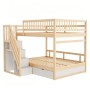 Massivholz Etagenbett 140x200 cm mit Stauraum-Treppe und Schubladen in Naturholz und Weiß.