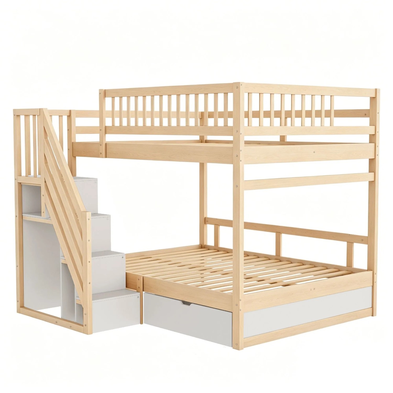 Massivholz Etagenbett 140x200 cm mit Stauraum-Treppe und Schubladen in Naturholz und Weiß.