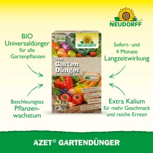 Neudorff Azet Gartendünger 1kg Packung mit Gemüseabbildung für gesunde Pflanzen und reiche Ernte.