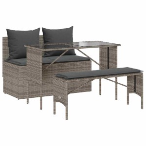 Graue 3-tlg. vidaXL Garten-Essgruppe aus Polyrattan mit Tisch, Bank und Hockern mit Kissen.