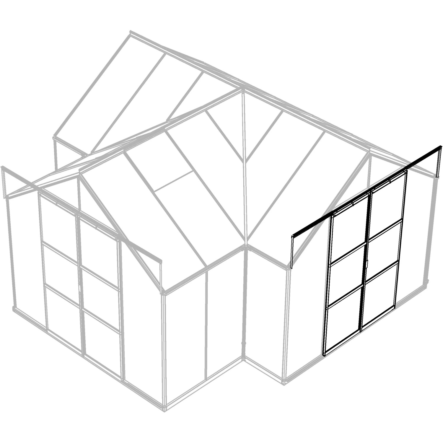 Skizze: Vitavia Gewächshaus Sirius, 13 m², schwarz, mit Doppelschiebetür und Fundament.