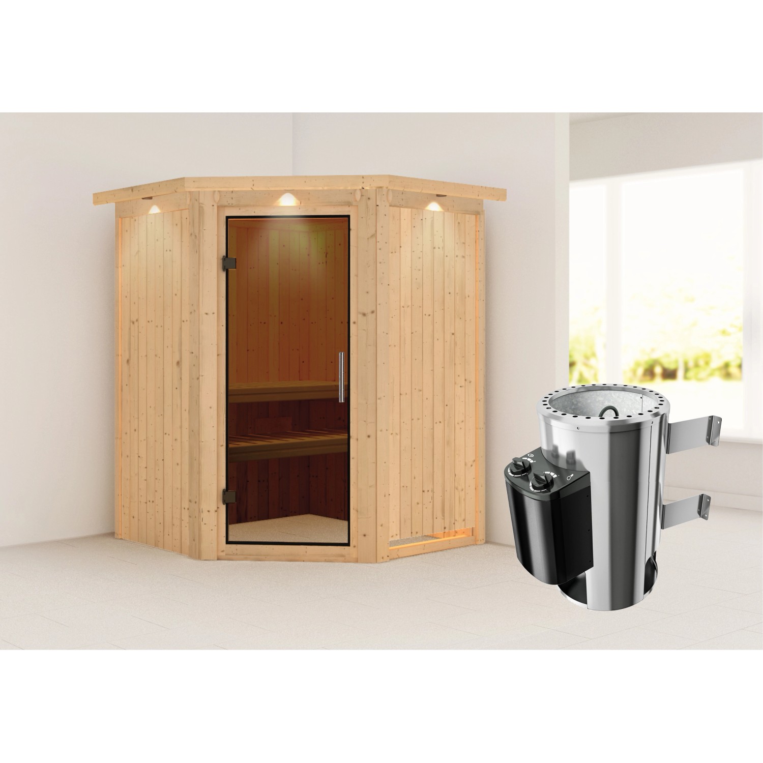 Karibu Sauna mit Ofen integrierte Stg.LED-Dachkranz Natur günstig online kaufen