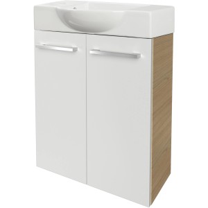 Fackelmann Waschbeckenunterschrank SBC Sandeiche, 52 cm breit, mit weißen Fronten und zwei Türen.