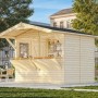 Palmako Stella Gartenhaus, grau, mit Satteldach. Holzhaus mit Verkaufsklappe im Außenbereich.
