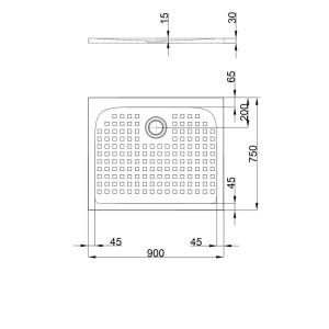 Technische Zeichnung: pianura Duschwanne Emilia, 90x75 cm, Mineralguss mit Antirutsch.