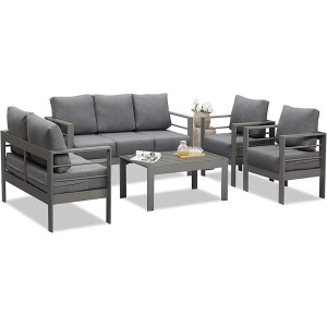 Graues 5-teiliges MeXo Gartenmöbel Loungeset aus Aluminium für 7 Personen mit Tisch und Kissen.