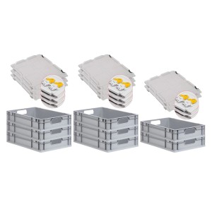 PROREGAL Spar Set: 8 graue Euroboxen mit Scharnierdeckel und gelben Verschlüssen, 23 Liter.