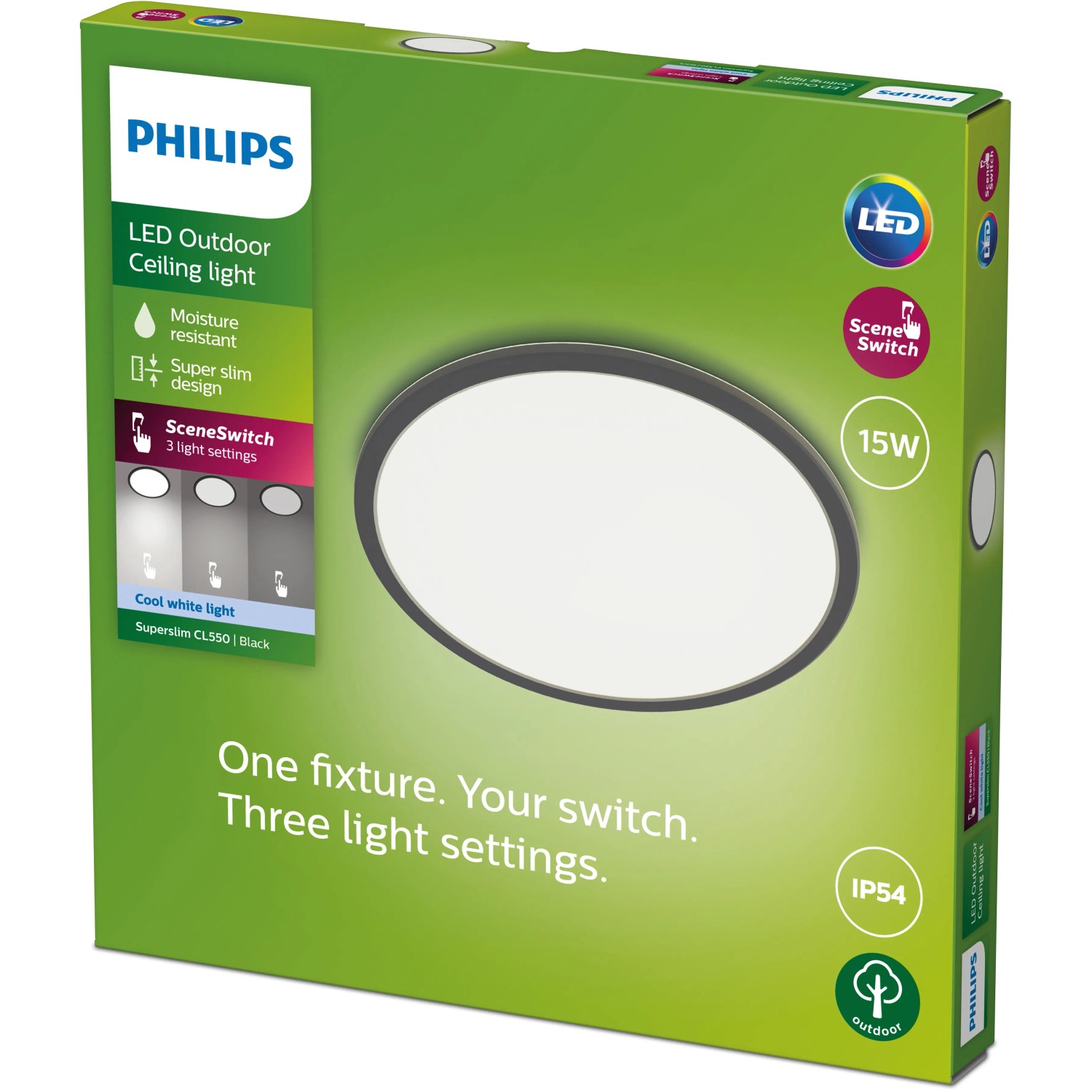 Verpackung der Philips SceneSwitch LED-Deckenleuchte, Superslim, 15W, Schwarz, mit Hinweisen zur SceneSwitch Technologie.