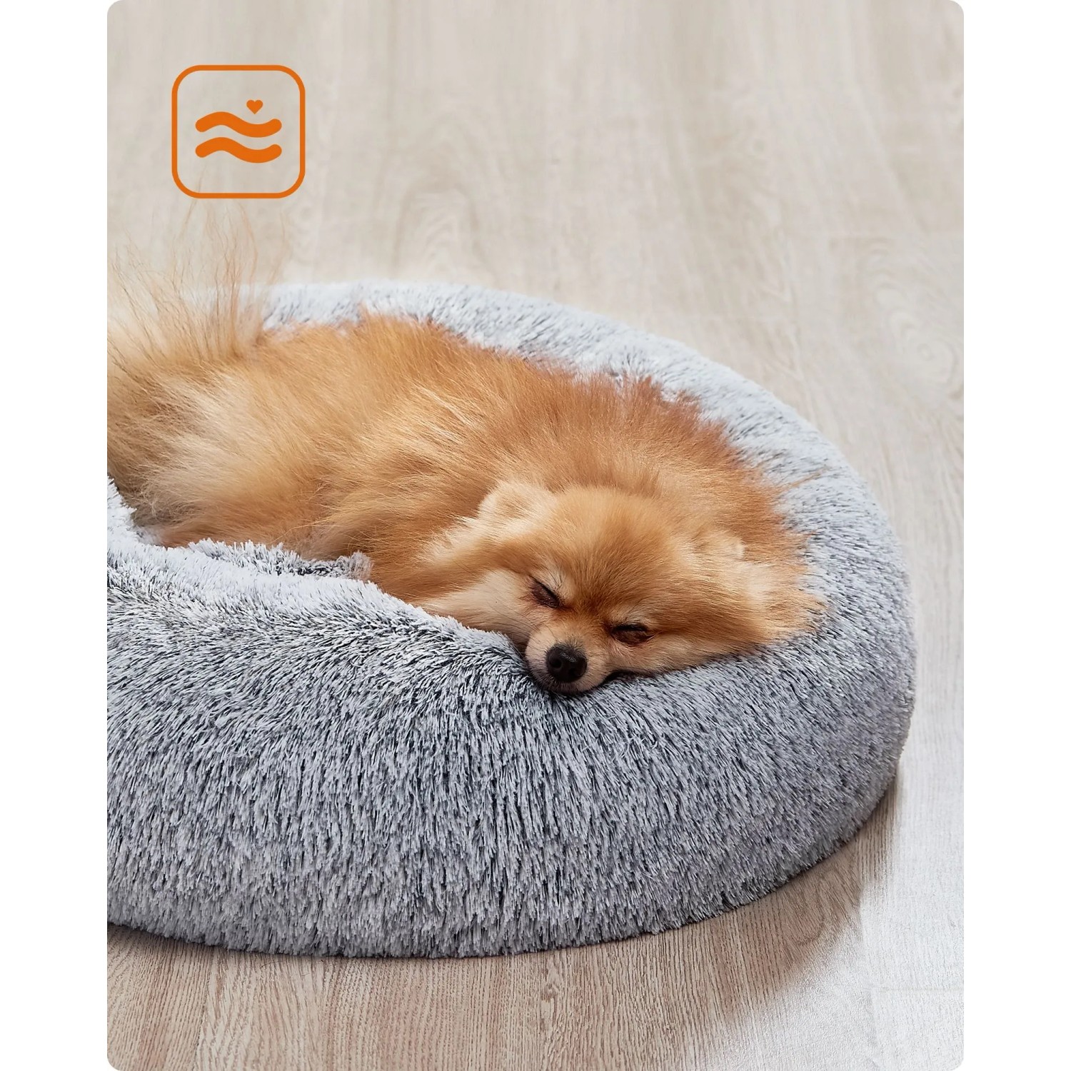 Graues, flauschiges Feandrea Hundebett (60 cm) mit schlafendem Hund. Weiche, runde Hundecouch für Komfort.