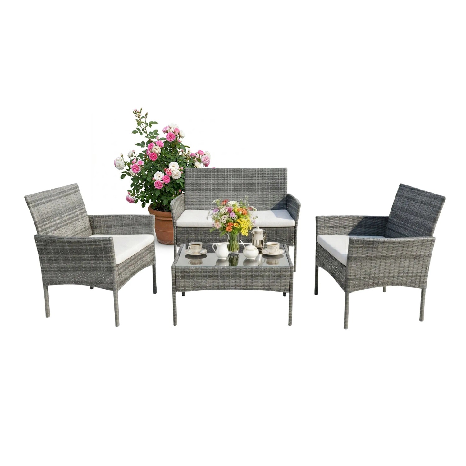 Relaxdays Gartenlounge Set Polyrattan Grau mit Auflagen 4-teilig