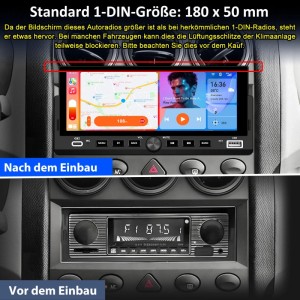 Junsun 1 DIN Autoradio mit 7 Zoll Carplay Display, Vorher-Nachher-Vergleich.