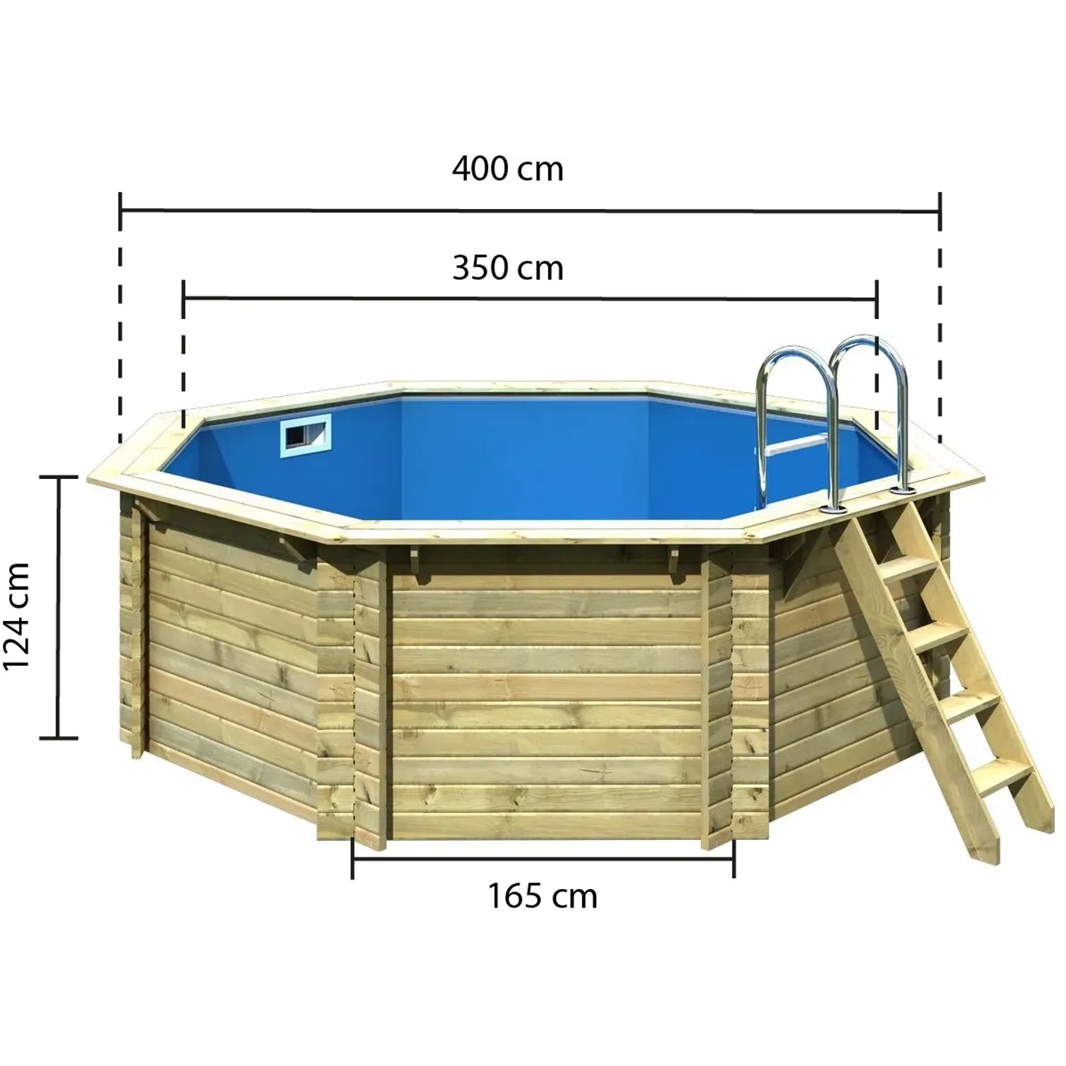 Karibu Pool 1 A KDI Holzpool mit Leiter und blauer Innenfolie, Maße sind eingezeichnet.