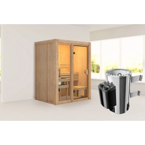 Karibu Sauna Sky 1 aus Fichte mit 3,6 kW Ofen und integr. Steuerung. Elementsauna mit Glastür.