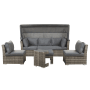 Dunkelbraunes Polyrattan Lounge Set CORTE mit grauem Sofa, zwei Sesseln, Beistelltisch und Sonnendach.
