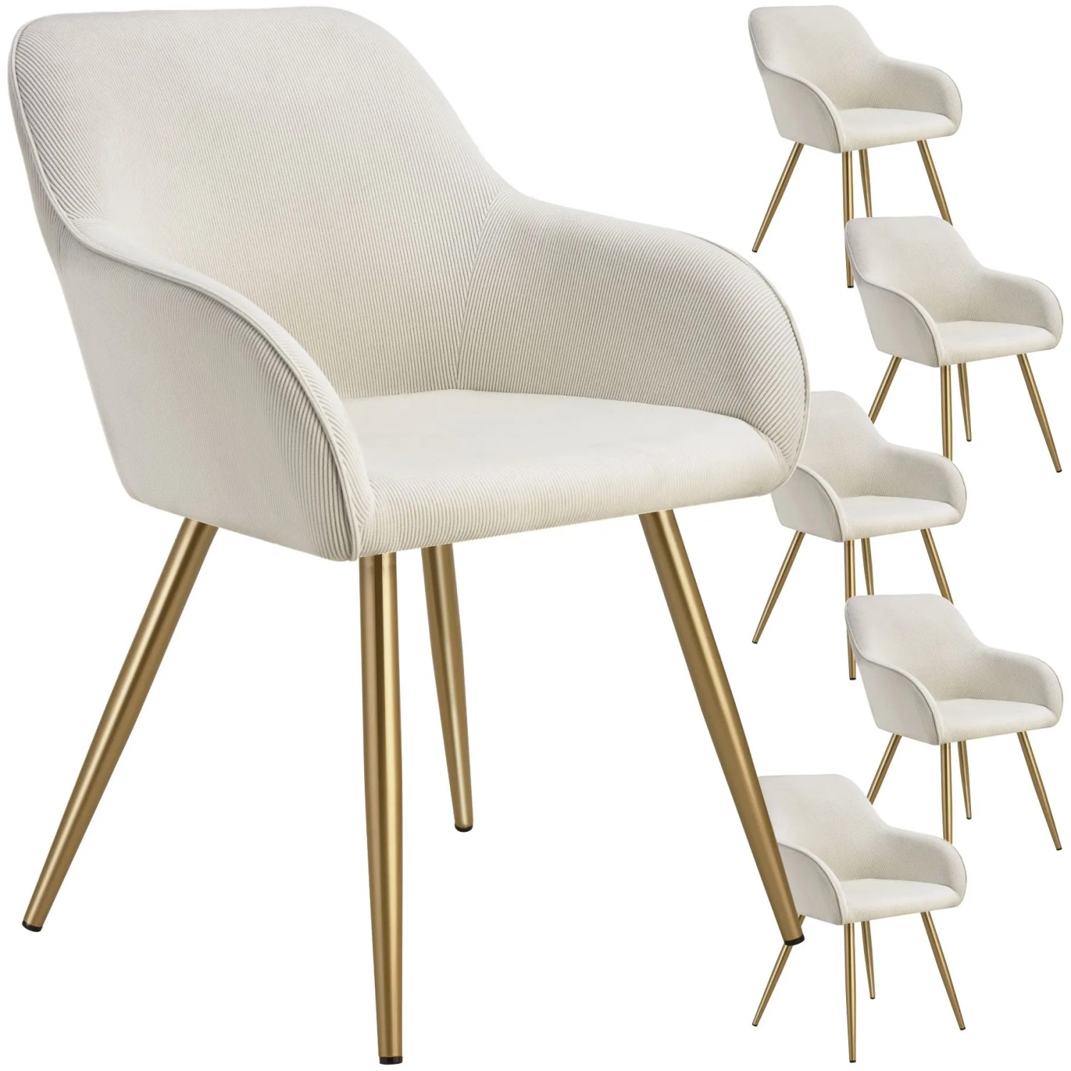 Tectake Esszimmerstuhl Marilyn Gepolstert  In Cordoptik Durchgehende Lehne 6Er Set 58 x 62 x 82 cm Creme Gold