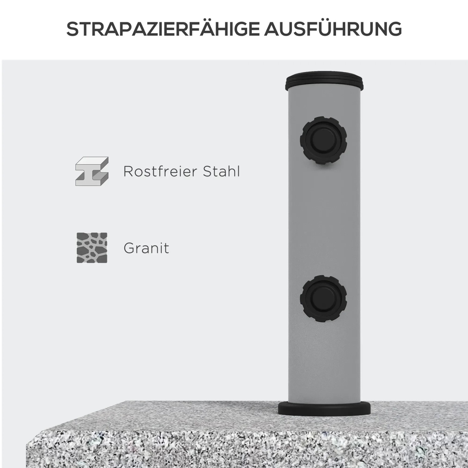 Detailaufnahme: Grauer Outsunny Sonnenschirmständer aus Granit und Edelstahl mit Feststellknöpfen.