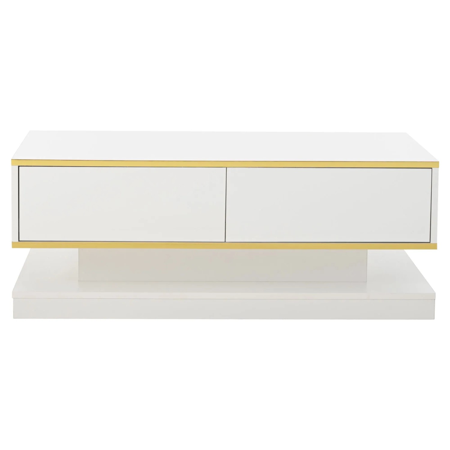 Merax Couchtisch Hochglanz mit 2 Schubladen Goldene Akzente Warmweiß