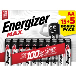 Energizer Max Mignon AA Batterien, 15+5 Stück Packung. Langlebige Alkali-Mangan Batterien für Geräte.