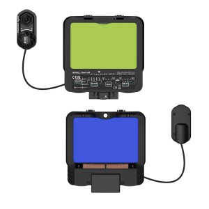 STAHLWERK Schweißhelm Raptor 3-in-1 mit LED-Licht, Ansicht von vorn und hinten. Zubehör für Kompressoren.
