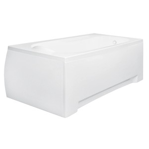 Weiße, glänzende rechteckige BONA Acryl-Badewanne 160x70 mit integrierter Schürze. Modernes Design.