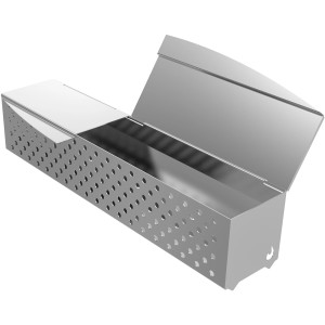 Char-Broil Räucherbox Made2Match aus Edelstahl für Gasgrills, mit Löchern und klappbarem Deckel.