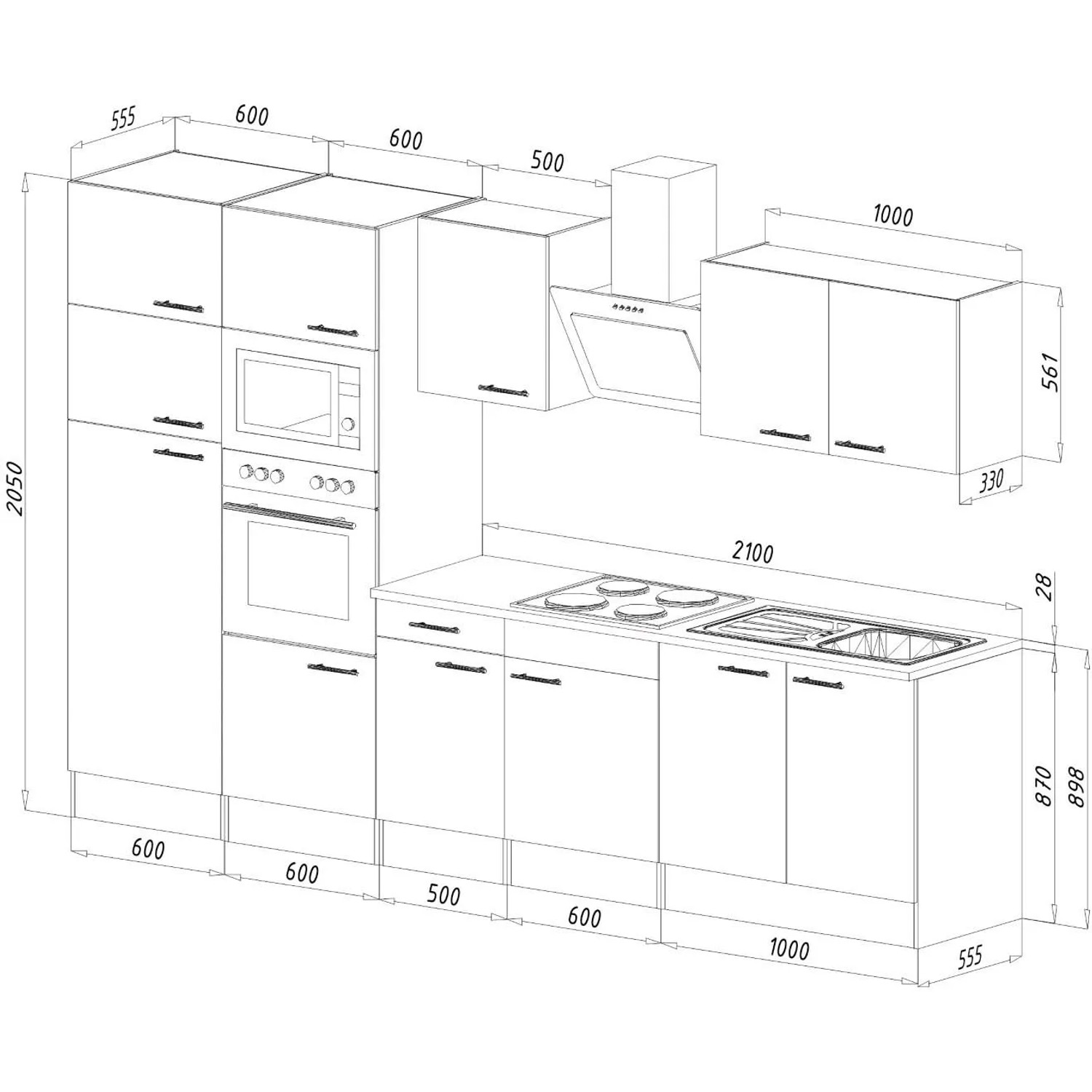 Respekta Küchenzeile 330cm, Schwarz Seidenglanz/Eiche York Dekor, ohne E-Geräte. Umfasst Ober-, Unter- und Hochschränke.