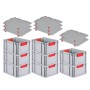 PROREGAL Spar Set: 8 graue Euroboxen mit roten Griffen und Auflagedeckel, gestapelt.