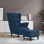Blauer Samt Ohrensessel mit Hocker, Relaxsessel für Wohnzimmer.