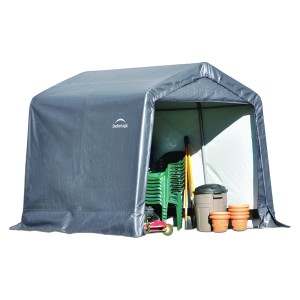 Graues Gerätehaus Shed-in-a-Box (5,76 m²) mit Gartengeräten und Blumentöpfen.