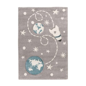 MeGusta Kurzflor Teppich Silber mit Rakete und Planeten, 80x150 cm. Kinderteppich mit 3D Effekt.