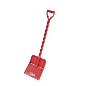 Rote Kinder Schneeschaufel aus Kunststoff mit D-Griff für einfache Handhabung.