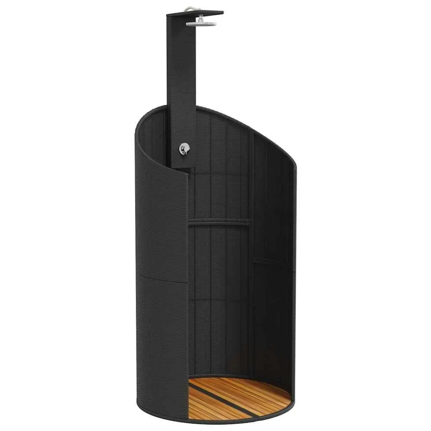 Schwarze vidaXL Gartendusche aus Rattan und Akazienholz, 100x100x241,5 cm.