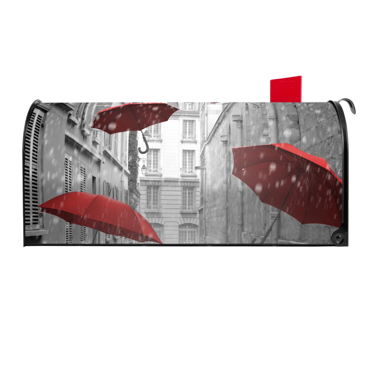 Schwarzer Banjado Briefkasten mit Motiv Rote Schirme, US Mailbox mit roter Fahne.