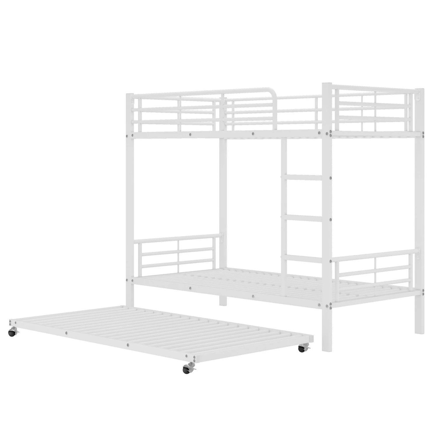 KOMHTOM Eisenbett Etagenbett 90x200Cm&90x190Cm Kinderbett Mit Ausziehbett Vier Seitengitter Am Oberen Bett Eisen Weiß Ohne Matratze