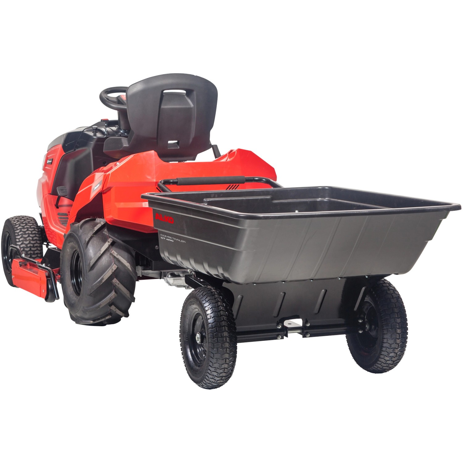 Al-Ko Combi Trailer CT 400 am Rasentraktor: Vielseitiger Anhänger für Gartenarbeiten und Transporte.