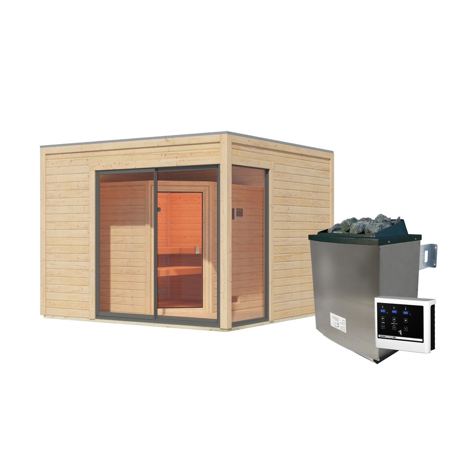 Karibu Saunahaus Cubulis 1 Var. B Naturbelassen mit Ofen 9 kW ext. Steuerung