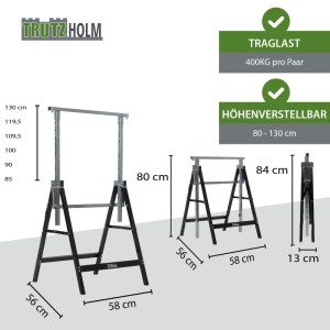 2er Set TRUTZHOLM Arbeitsböcke, 7-fach höhenverstellbar, bis 400 kg belastbar, aus lackiertem Stahl.