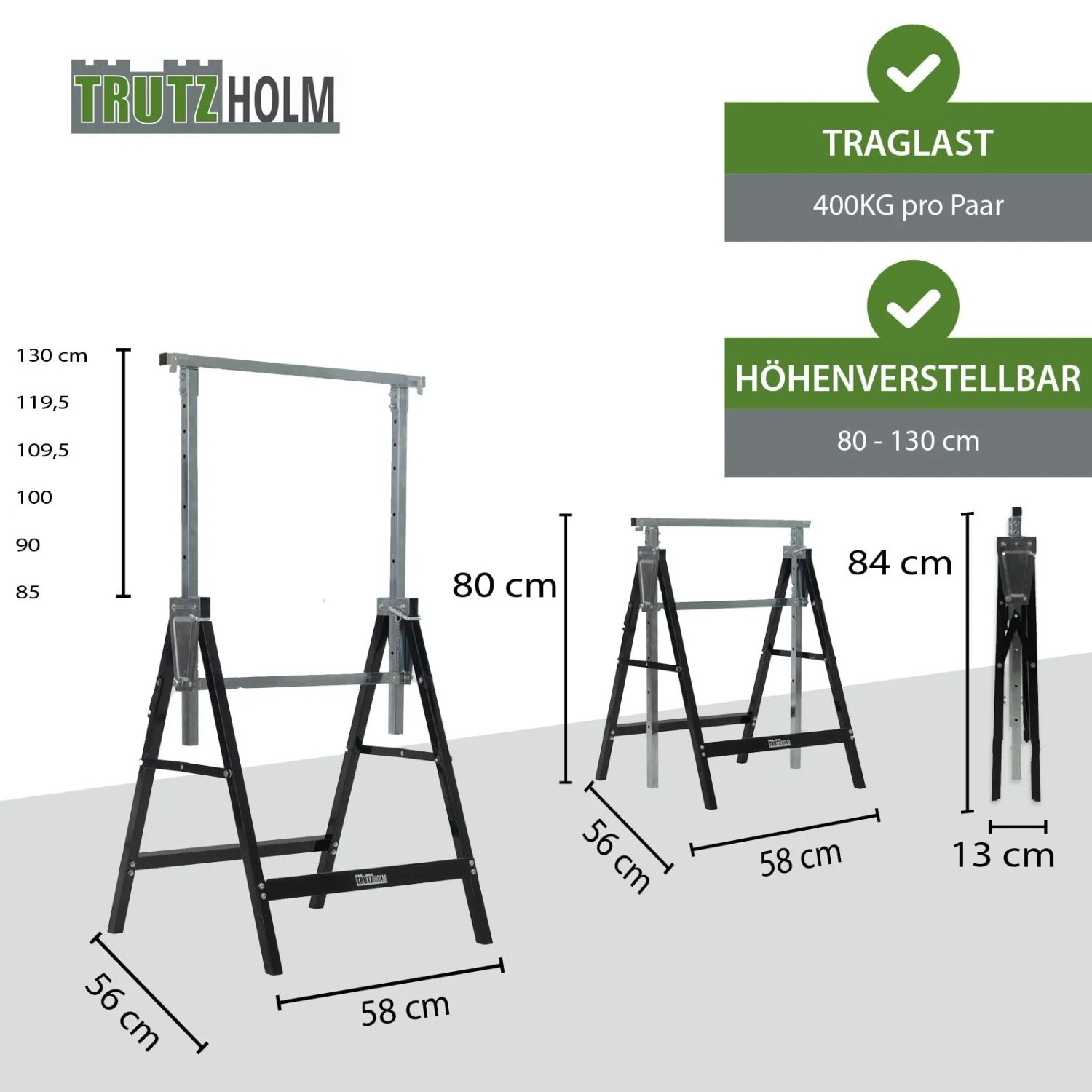 TRUTZHOLM 2x Arbeitsbock 7Fach Höhenverstellbar Bis 400 kg Stahl Lackiert Schwarz_2