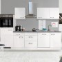 Weiße Flex-Well Küchenzeile Joelina 280 cm mit E-Geräten und grauer Arbeitsplatte.