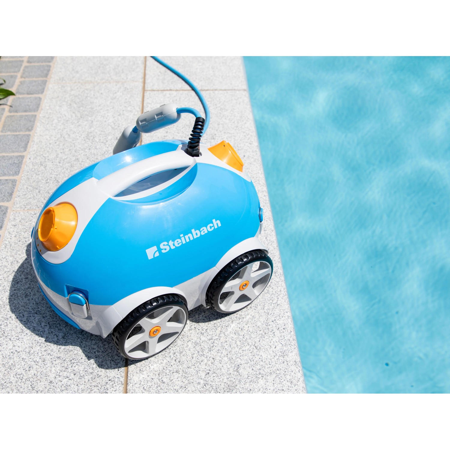 Steinbach Poolrunner Speedcleaner: Automatischer Poolsauger in Blau und Weiß mit Kabel.