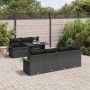 Schwarzes 8-teiliges Garten-Sofa-Set aus Poly Rattan mit Tisch und Kissen.
