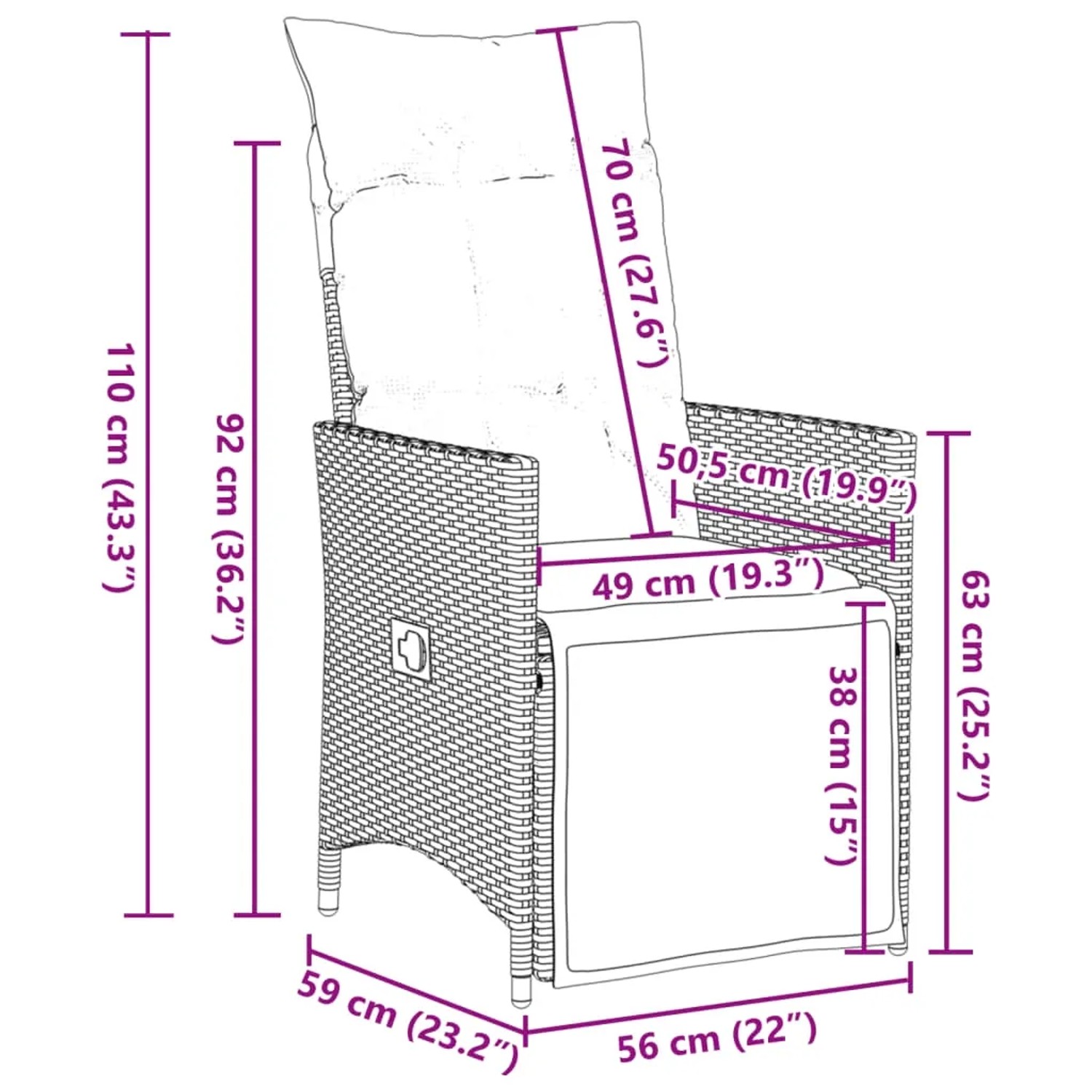 Abmessungen des vidaXL Garten-Relaxsessels mit Fußteil, Teil der 5-tlg. Garten-Essgruppe aus schwarzem Poly Rattan.